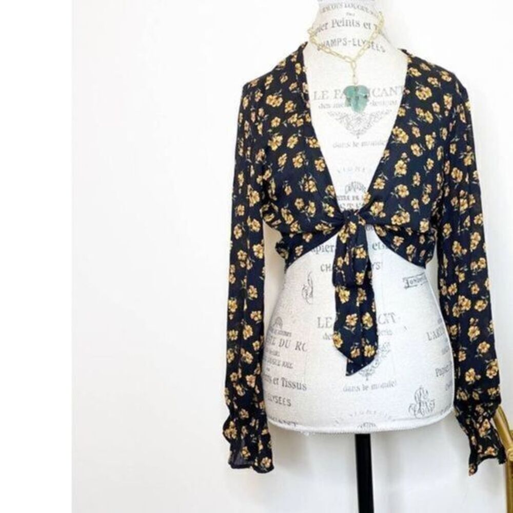 Wild Honey black floral front wrap shirt
